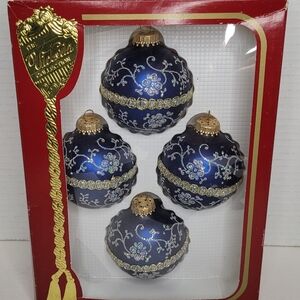 Elegant Vintage Sparkly Blue and Gold Ball Christmas Holiday Ornaments In Box